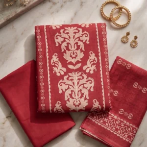 Top-down view of a maroon cotton suit set for women styled with gold bangles on a marble surface.
